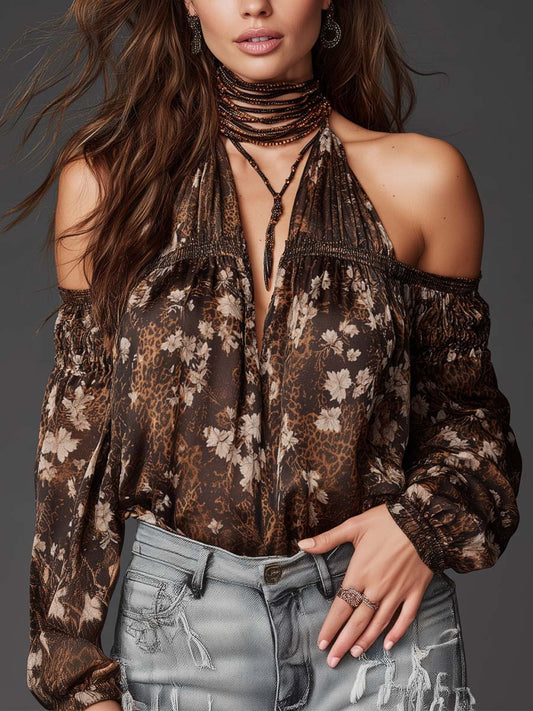 Bohemian Retro Wild Mocha Floral Halter Neck Blouse