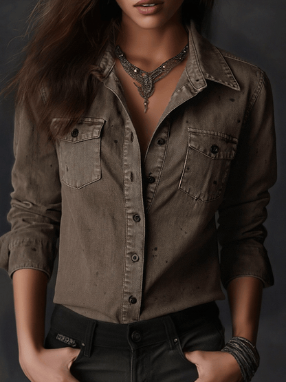 Vintage Washed Taupe Western Slim Fit Button-Down Shirt