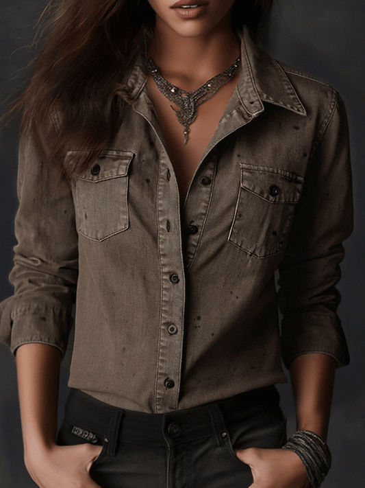 Vintage Washed Taupe Western Slim Fit Button-Down Shirt