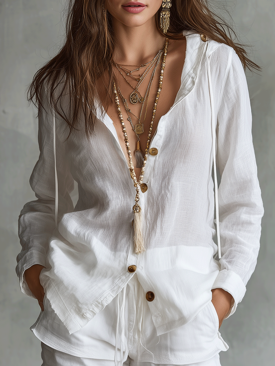 Boho White Button Linen Blouse