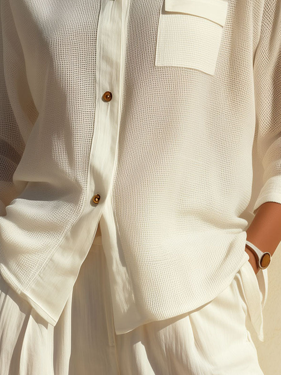 Quiet Luxury Relaxed Ivory Textured Button-Up Blouse