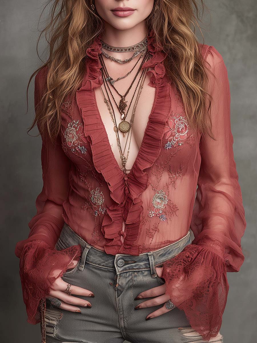 Retro Ruffle Neck Floral Embroidered Chiffon Blouse