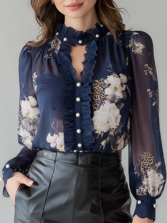 Vintage Pearl Ruffle Leopard Print Floral Chiffon Blouse