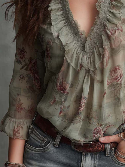 Vintage Floral Ruffle-Lace Chiffon Blouse