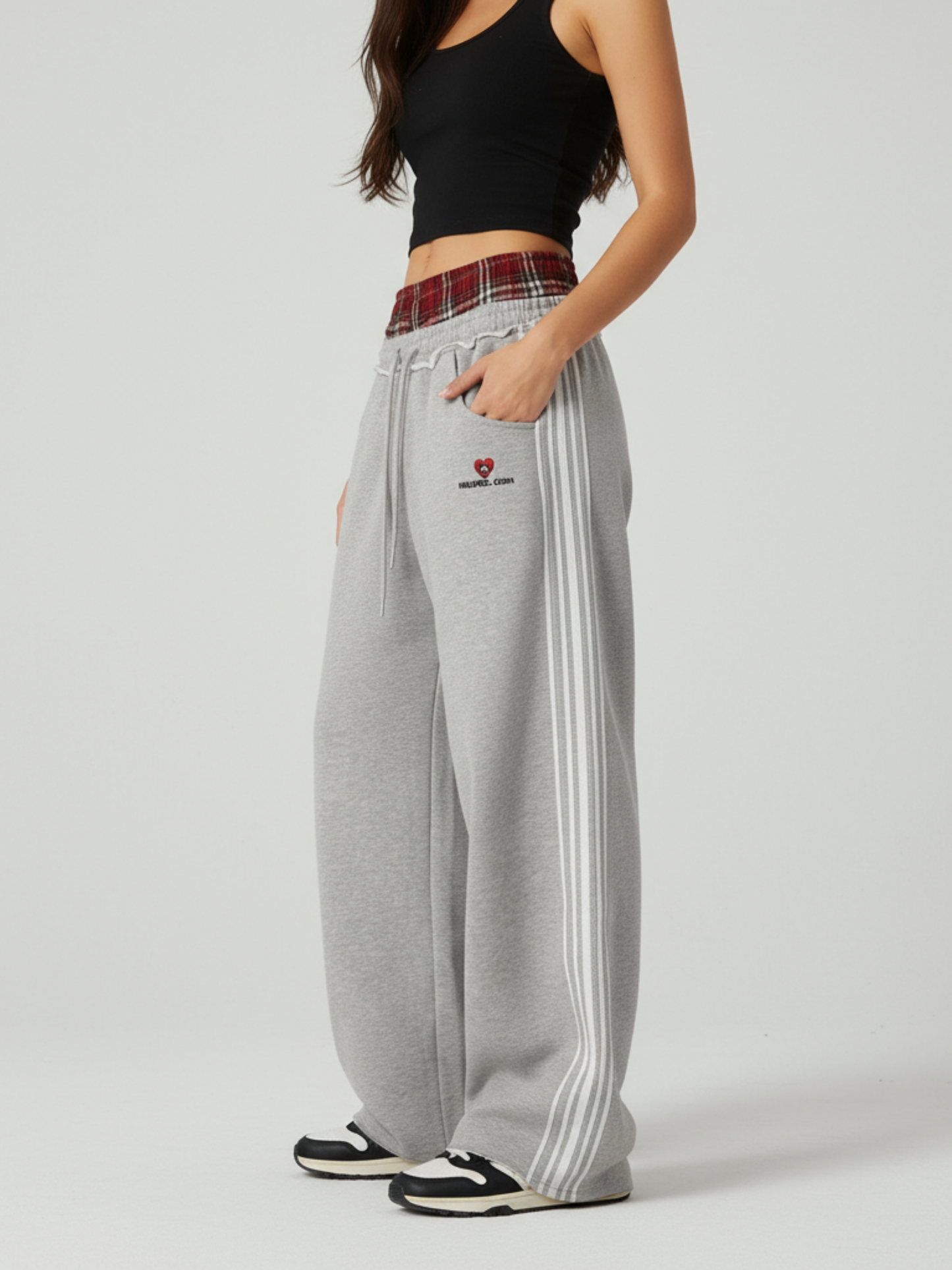 Plaid Layer Wide-Leg Sweatpants