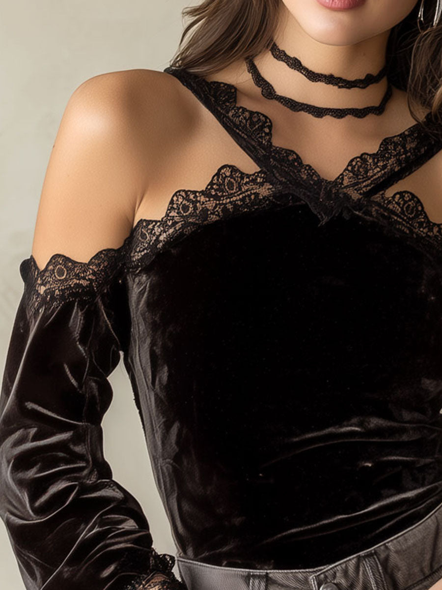 Romantic Black Velvet Lace-Trim Cold Shoulder Blouse