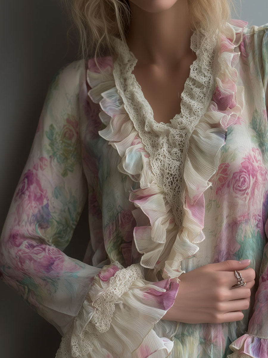 Romantic Vintage Floral Ruffled Chiffon Blouse With Lace Trim