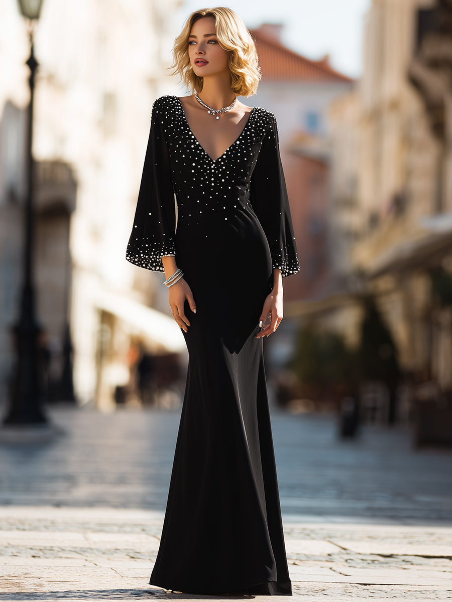 Black Crystal-Embellished Evening Gown