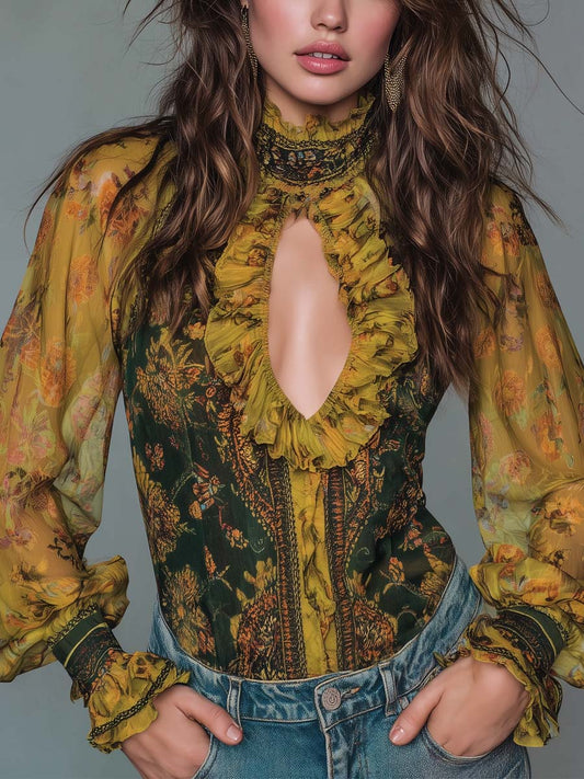 Bohemian Ruffled Keyhole Floral Chiffon Blouse