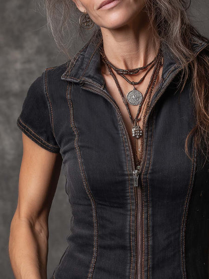 Vintage Zipper Neck Short Sleeves Denim Blouse