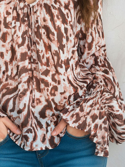 Retro Boho Flowy V-Neck Leopard Print Chiffon Blouse