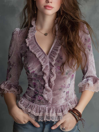 Vintage Floral Velvet Ruffle Top
