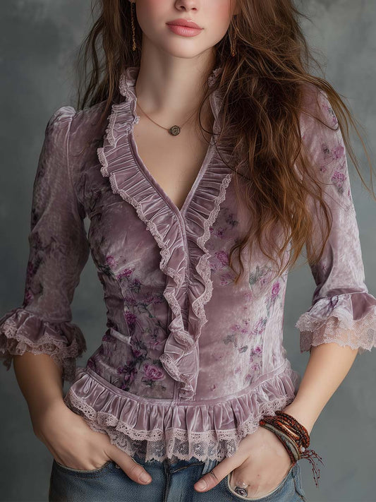Vintage Floral Velvet Ruffle Top