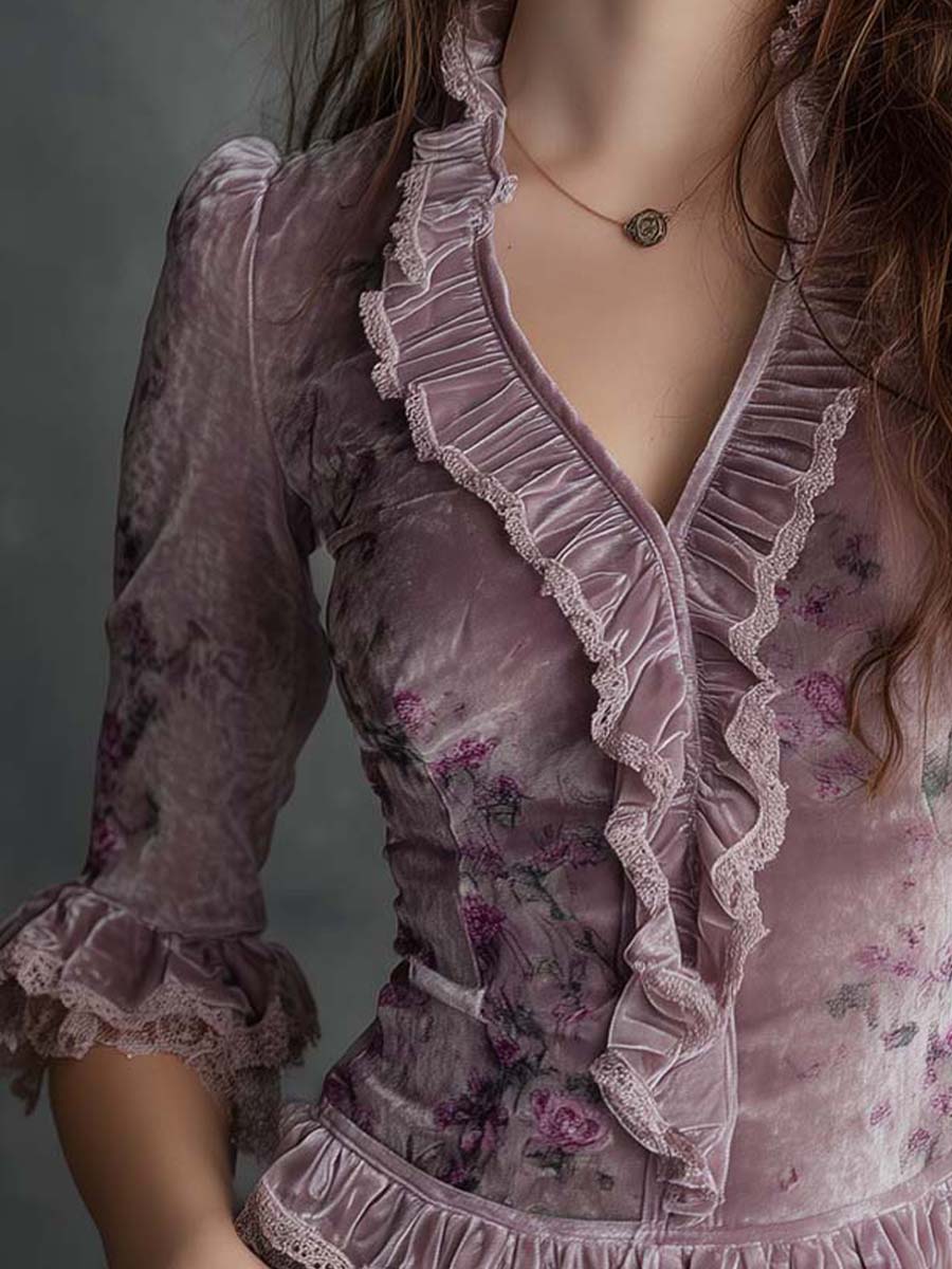Vintage Floral Velvet Ruffle Top