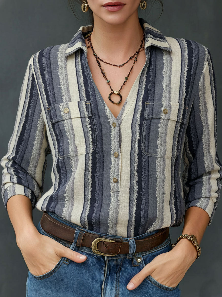 Boho Navy & Cream Striped Frayed Trim Buttons Soft Yarn Blouse