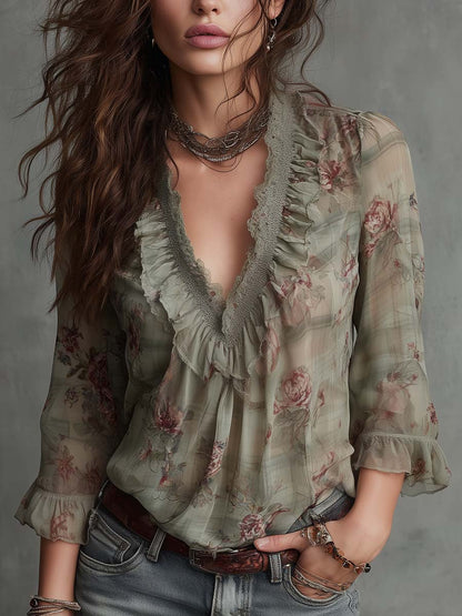 Vintage Floral Ruffle-Lace Chiffon Blouse