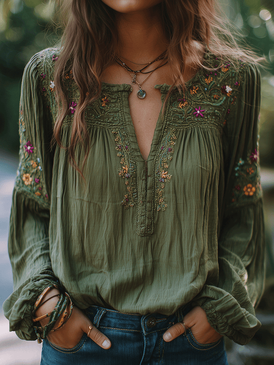 Bohe Floral Embroidered Cotton Olive Green Shirt