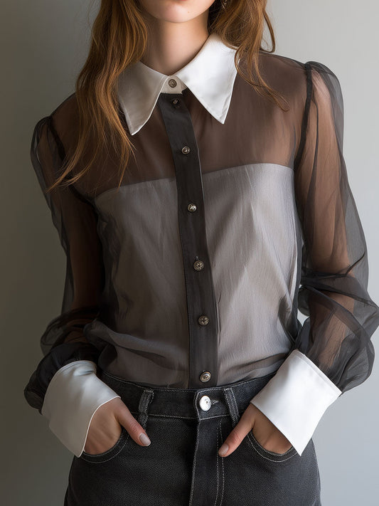 Retro Black Sheer Organza Contrast-Collar Blouse