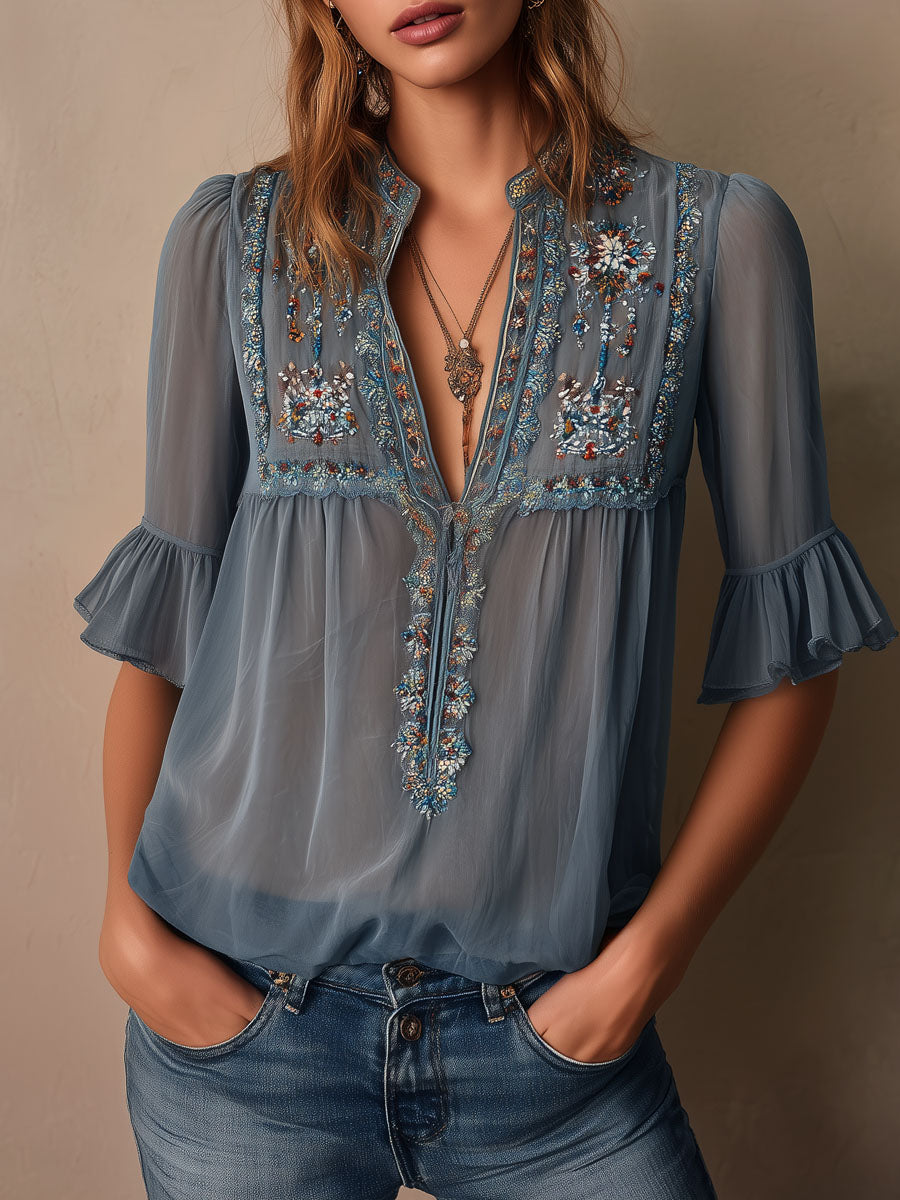Vintage Dusty Blue Chiffon Floral Embroidered Blouse Flounce Sleeves