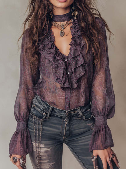 Vintage Paisley Print Ruffled Collar Chiffon Blouse