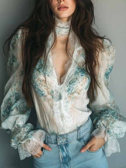 Retro High Neck Floral Chiffon Lace Trim Blouse
