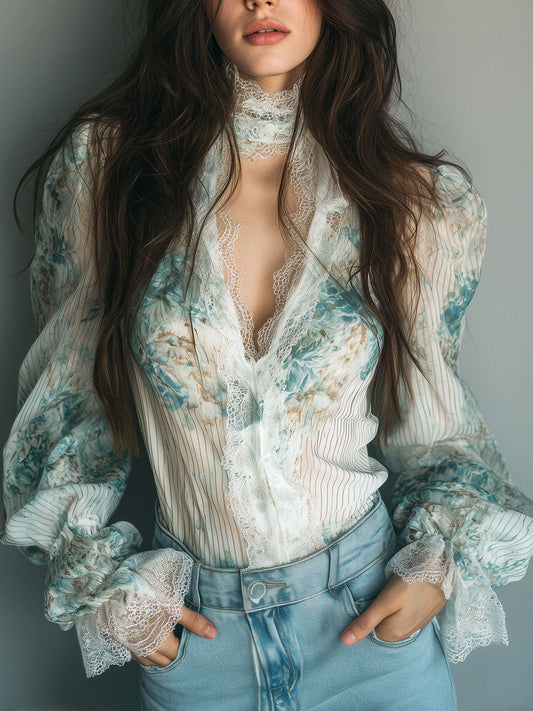 Retro High Neck Floral Chiffon Lace Trim Blouse
