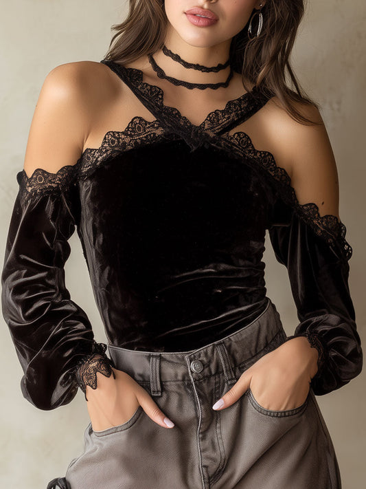 Romantic Black Velvet Lace-Trim Cold Shoulder Blouse