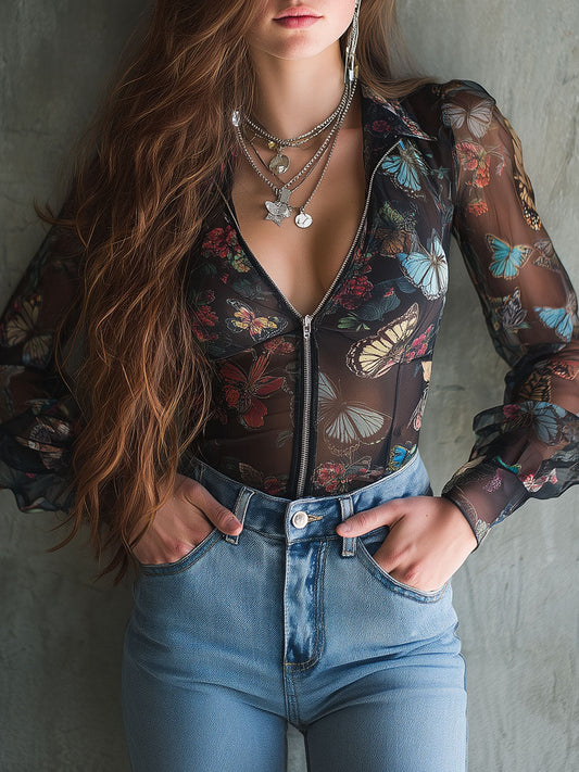 Vintage Sheer Butterfly Print Zip-Front Blouse With Puff Sleeves