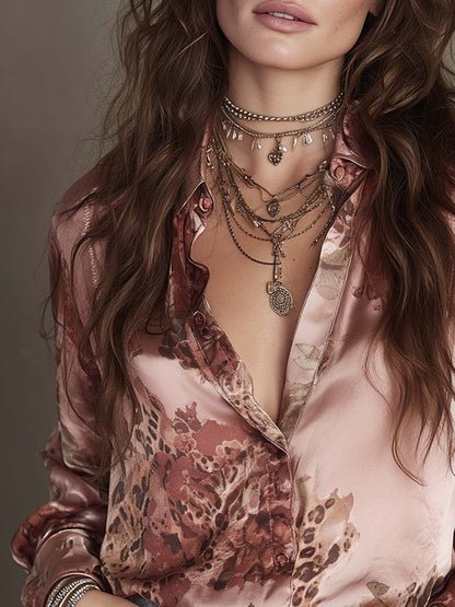 Retro Leopard Print Floral Satin Blouse