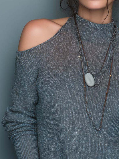 Steel Blue Micro-Shimmer Ribbed Knit Top