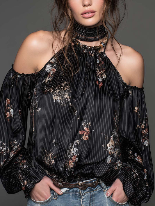Floral Pinstripe Halter Cold-Shoulder Blouse