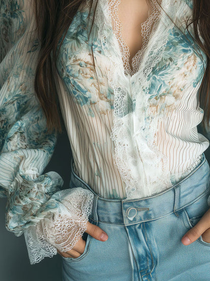 Retro High Neck Floral Chiffon Lace Trim Blouse