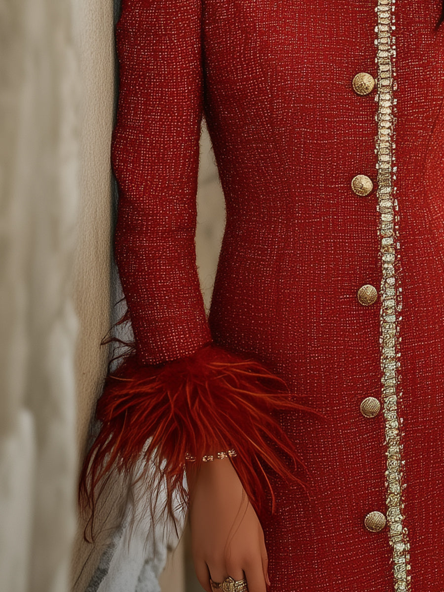 Beckwell Red Tweed Dress With Feather Cuffs And Gold Trim