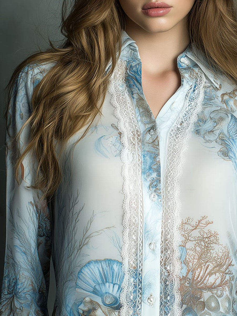 Retro Seashell Print Ocean-Inspired Chiffon Blouse With Lace Trim