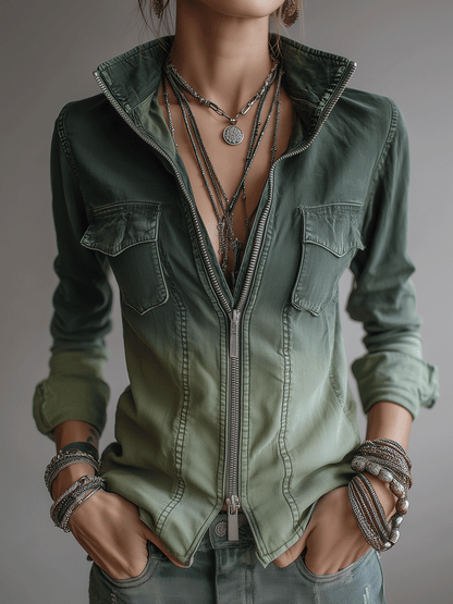 Casual Green Gradient Workwear Pocket Denim Zip-Up Blouse