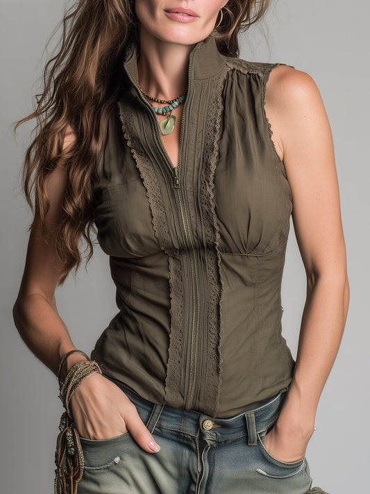 Bohemian Linen-blend Sleeveless Shirt With Lace Trim