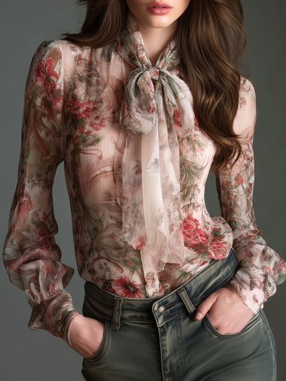 Retro Romantic Floral Chiffon Bow-Tie Blouse