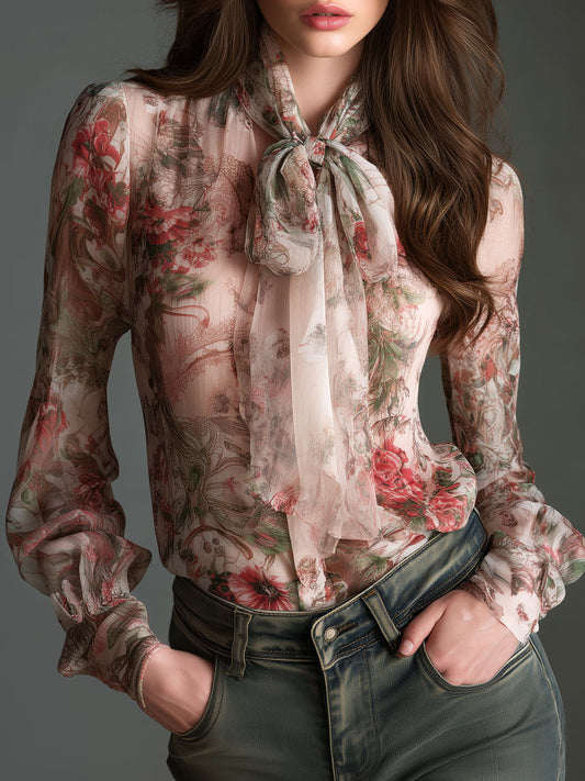 Retro Romantic Floral Chiffon Bow-Tie Blouse