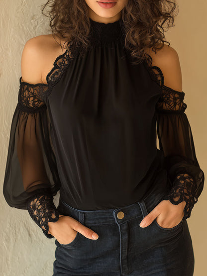 Elegant High Neck Black Chiffon Lace Cold-Shoulder Blouse