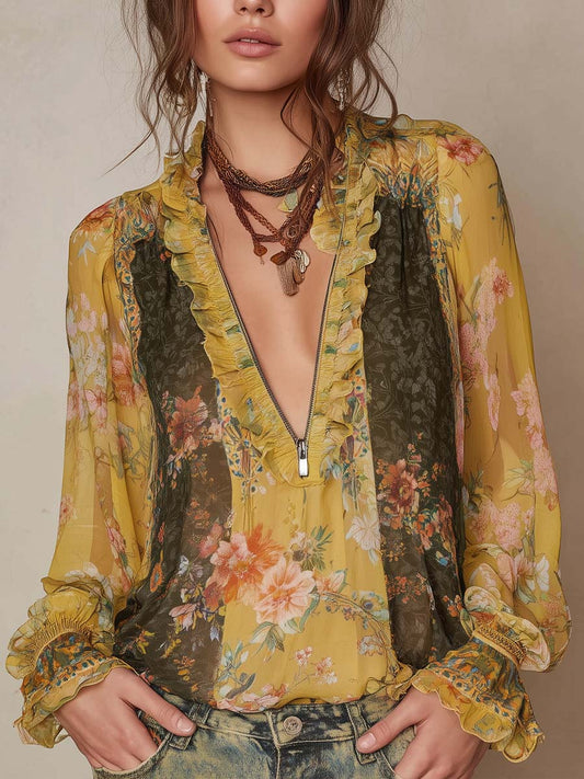Zip-Front Ruffled Floral Chiffon Blouse