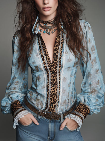 Retro Leopard Print Fitted Blouse With Lace Trim