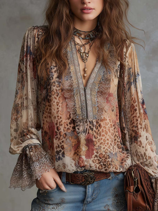 Vintage Leopard Print Lace Blouse