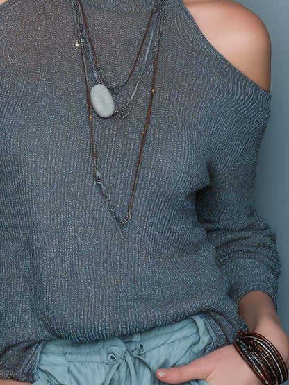 Steel Blue Micro-Shimmer Ribbed Knit Top