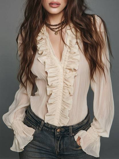 Vintage Pleated Chiffon Blouse With Ruffle Trim