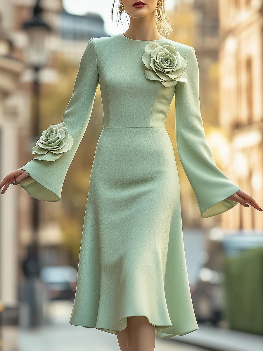 Mint Green A-Line Dress with 3D Floral Details