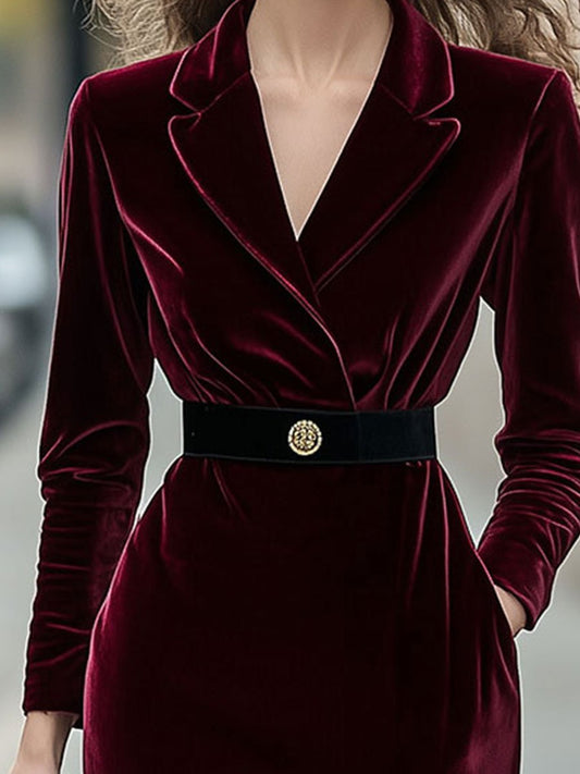Classic Long-Sleeve Velvet Dress with Gold Accents