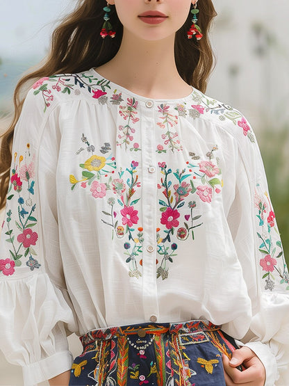 Cotton and Linen Floral Embroidery Long Sleeve Shirt