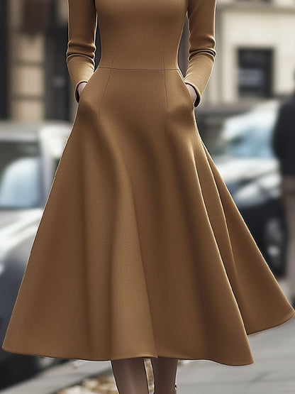 Elegant Camel High-Neck A-Line Dress